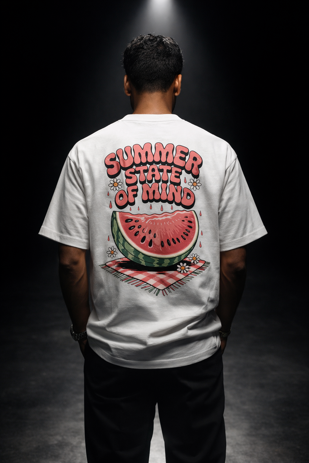 Person wearing a white t-shirt with a watermelon graphic and 'Summer State of Mind' text on the back.